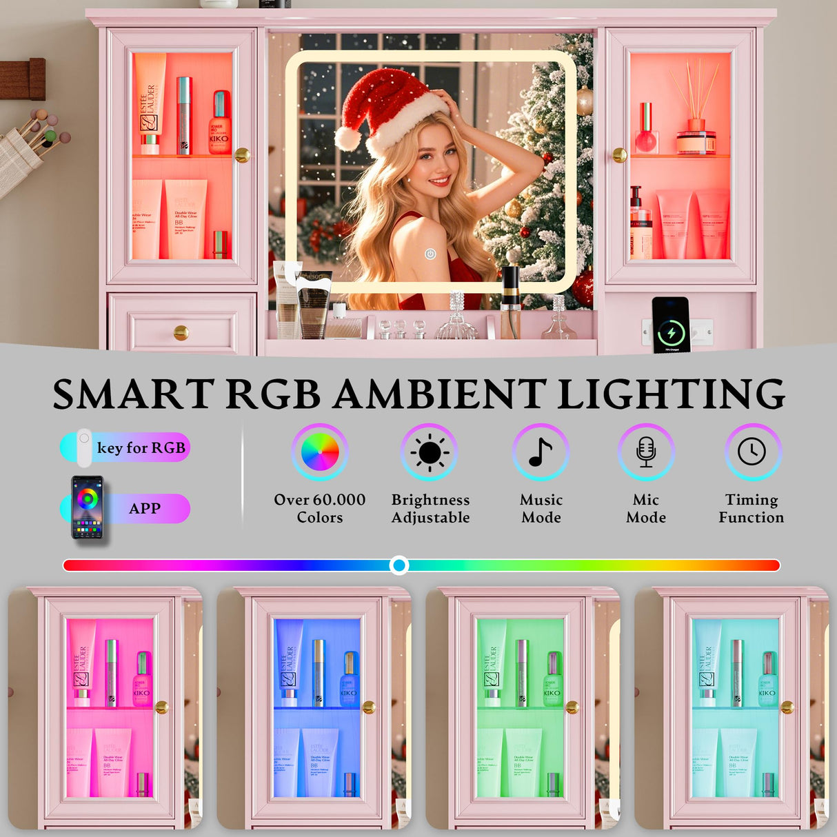 Vanity Desk with HD Lighted Mirror & Power Outlet, Farmhouse Makeup Vanity Table Set with Storage Drawers & RGB Cabinets, Large Dressing Table with 3 Lighting Modes for Women Girls Kids Bedroom, Pink Xixini