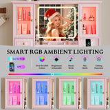 Vanity Desk with HD Lighted Mirror & Power Outlet, Farmhouse Makeup Vanity Table Set with Storage Drawers & RGB Cabinets, Large Dressing Table with 3 Lighting Modes for Women Girls Kids Bedroom, Pink Xixini