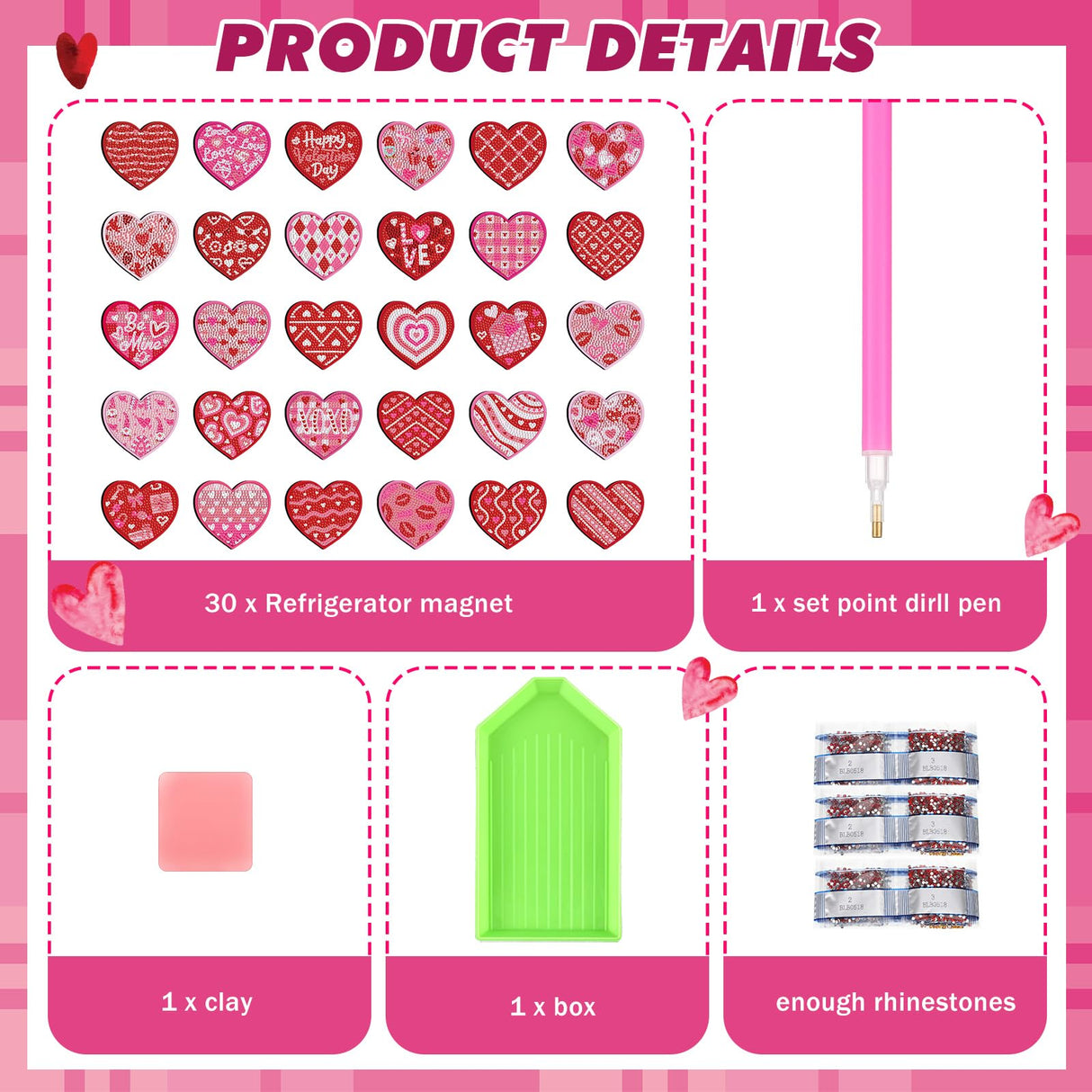 Motipuns 30 Pcs Valentine's Day Heart Diamond Painting Magnets Kits Valentines Diamond Art Fridge Magnet Refrigerator Sticker for Beginners Adults DIY Art Craft Gifts Home Decors Motipuns