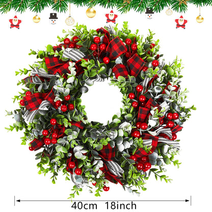 MTSCE Christmas Wreath, Front Door Decoration Wreath Winter Garland Artificial Wreath for House Party Outdoor Indoor Red Black Plaid Wreath-18 Inch