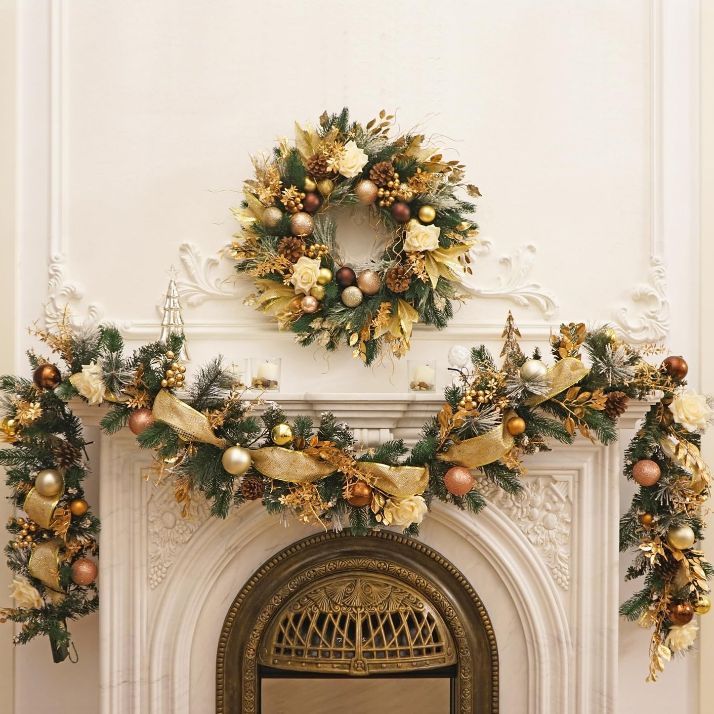 Christmas Wreaths for Front Door with Lights Pre-Lit, Soomeir 24“ Champagne Gold Door Wreath with Ball Ornaments, Battery Operated Holiday Thanksgiving Fall Winter Decor (Gold)