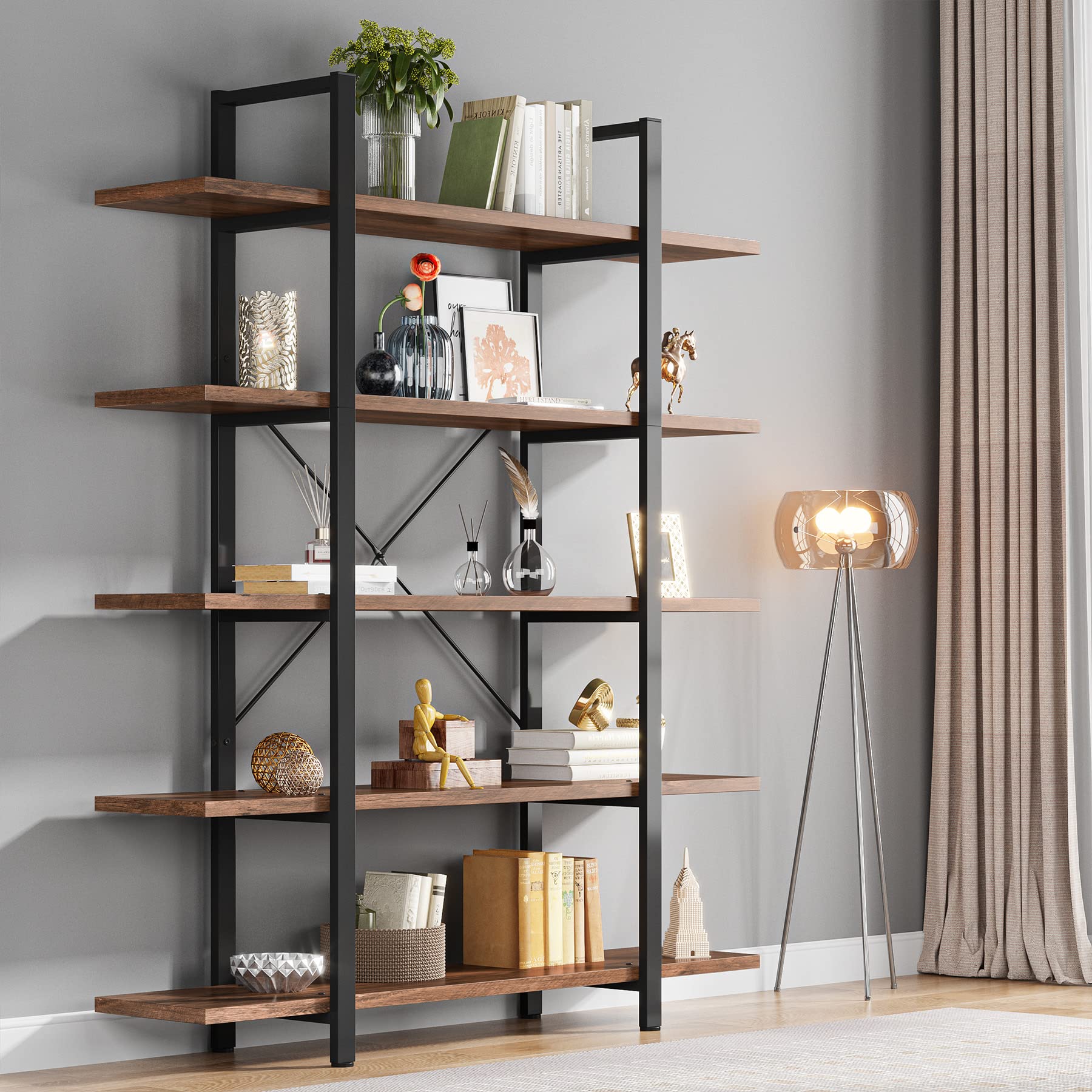 Tribesigns Vintage Industrial 5-Tier Bookshelf - Retro Brown, 72 H x 12 W x 47 L Inches - WoodArtSupply