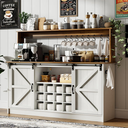 4ever2buy Farmhouse Coffee Bar Cabinet with 8 Hooks, 55” Kitchen Hutch Cabinet with Storage, White Coffee Bar with Sliding Barn Doors, Wine Bar Cabinet with 12 Racks for Living Dining Room