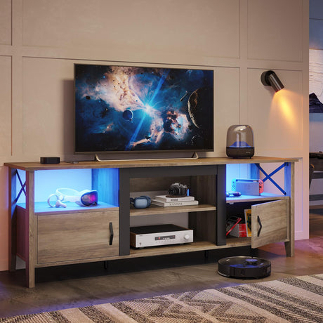 Bestier Farmhouse TV Stand for 70 inch TV, Gaming Entertainment Center with LED Lights, TV Console with 2 Storage Cabinets and Shelf for Living Room, 63'' Inch, Grey Wash Bestier