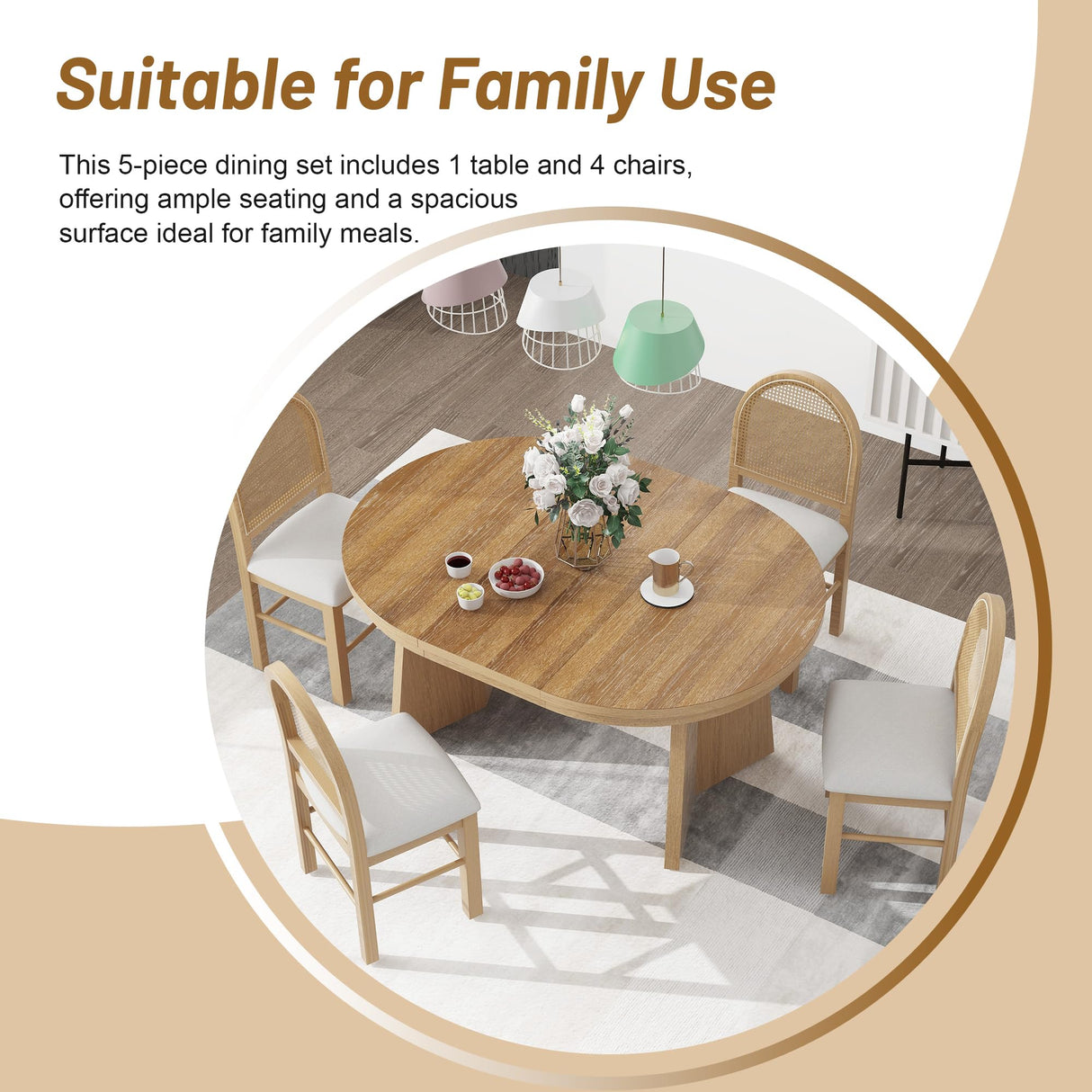 VilroCaz 5-Piece Retro Functional Dining Set, Solid Wood Extendable Dining Table with 4 Upholstered Chairs and Rattan Backrests, Round Dining Table Set for Dining Room Kitchen (Natural-7.7) VilroCaz