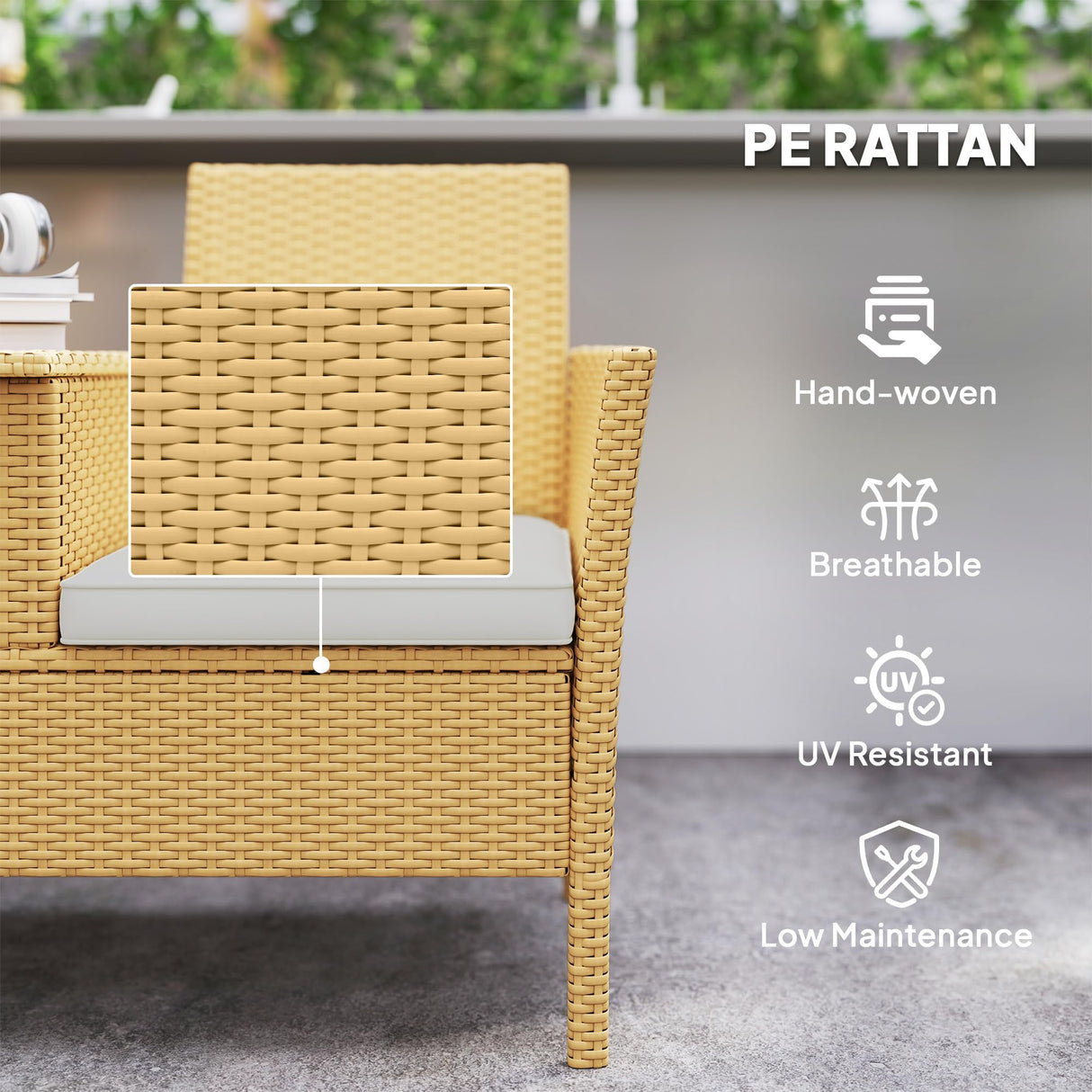 Outsunny Rattan Patio Loveseat with Built-in Flip-Top Coffee Table, Outdoor Wicker Sofa with Hidden Storage and Cushions for Balcony, Garden, Lawn, Backyard, Khaki Outsunny