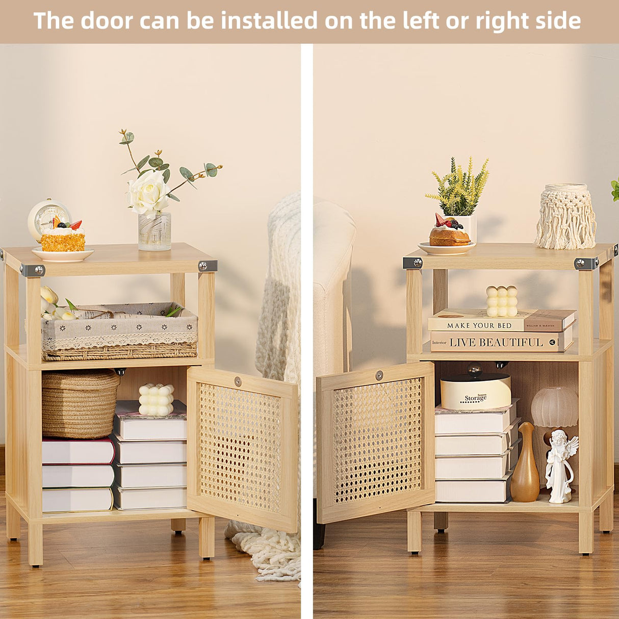 Lerliuo Rattan Nightstand, Boho Side End Table with Handmade Natural Rattan Decorated Door and Open Shelf, Wood Accent Night Stand with Storage, Bedside tables for Bedroom, Living Room (Natural) Lerliuo