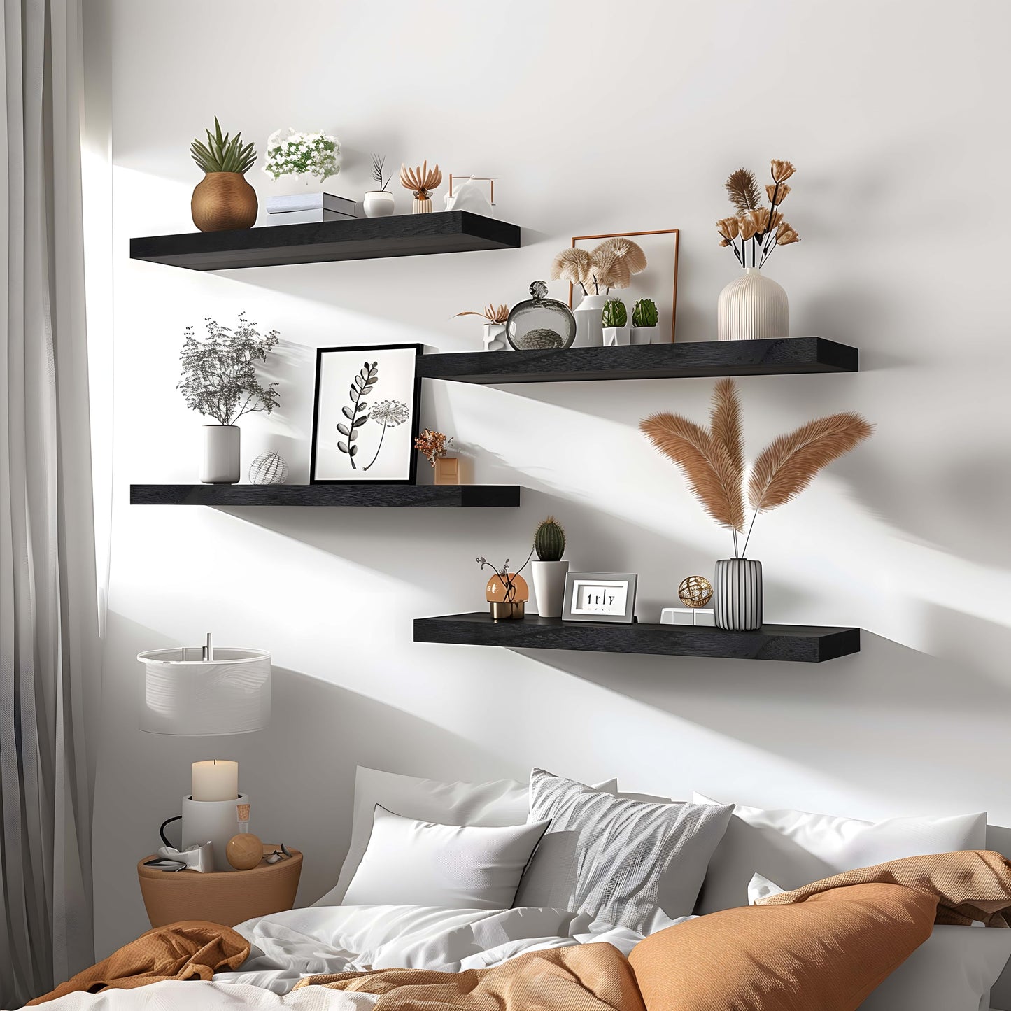 GXYAWPJ Farmhouse Floating Shelves for Wall, Rustic Black Wall Shelves for Bedroom, Set of 6 Wood Shelves for Room Wall - WoodArtSupply