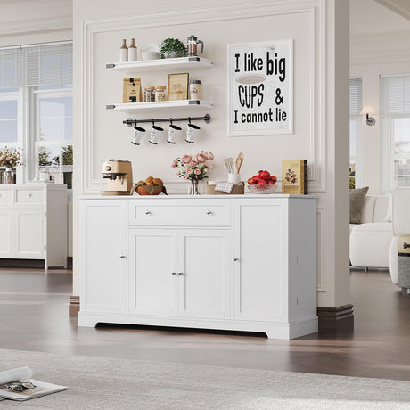 HITHOS 54" Buffet Cabinet with Storage, Modern Kitchen Buffet Sideboard with Drawer, Wood Coffee Bar Cabinet with Adjustable Shelves, Kitchen Storage Cabinet for Dining Room, Living Room, White HITHOS