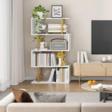 Yusong Geometric Bookcase, S Shaped Bookshelf 4-Tier Book Shelves for Bedroom, Modern Wood Decorative Display Shelf Tall Book Case for Home Office, Gold and White Yusong