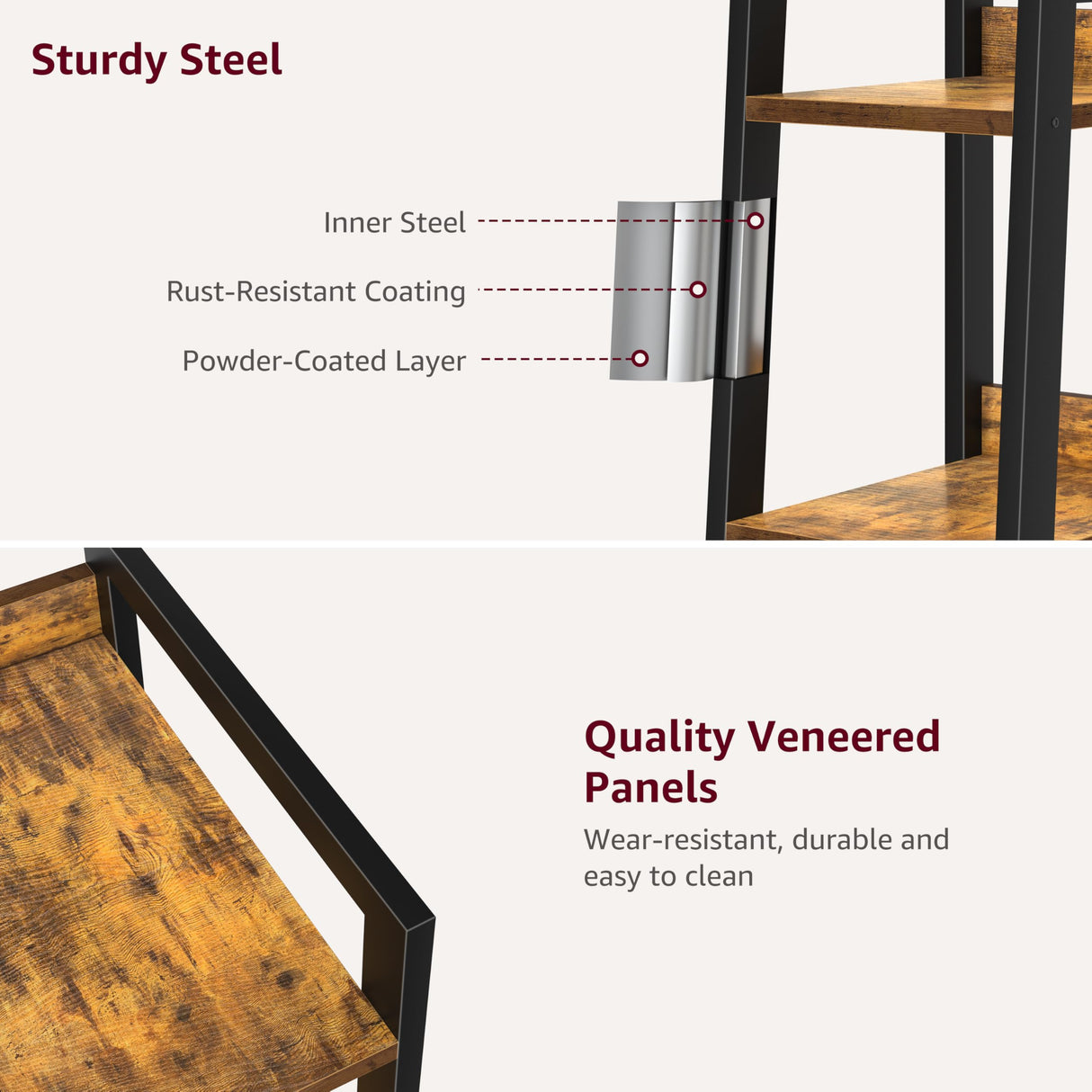 KLUVIS Narrow Ladder Shelf for Small Spaces - 5 Tier Thin Bookshelf Skinny Book Shelves Slim Bookshelves 60 inch Tall, Farmhouse Brown (02BN) KLUVIS