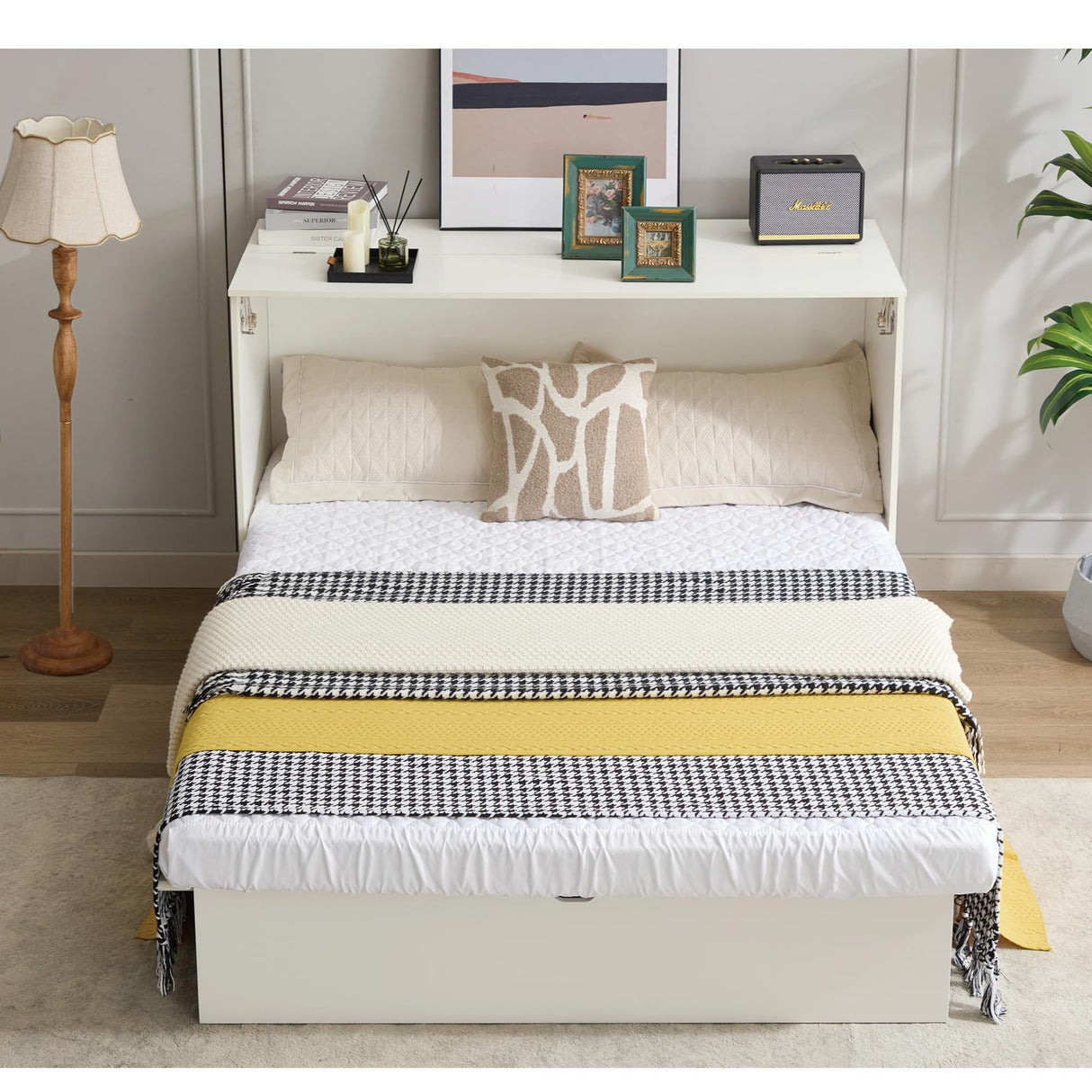 KEIKI Queen Murphy Bed with Storage, Folding Foam Mattress, Oversized Drawers, USB Ports & AC Outlets, Space-Saving Cabinet Bed, White KEIKI