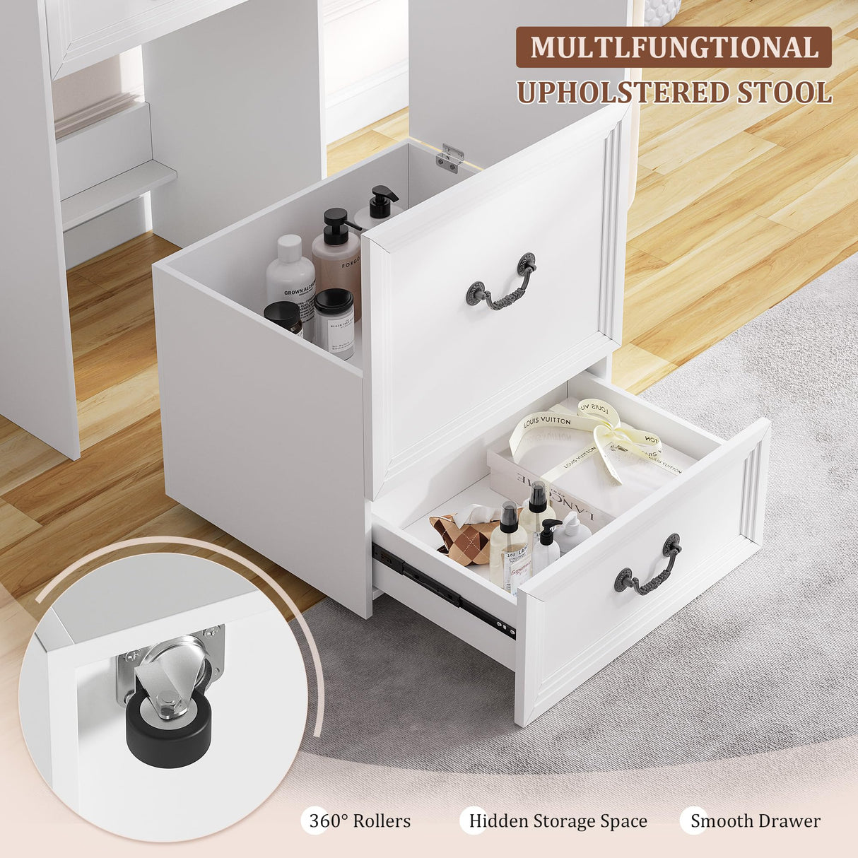 Compact Vanity with Mirror and Lights, Makeup Vanity Desk w/Storage Drawers & Shelves, Farmhouse Vanity Table with Hidden Chair for Bedroom, Dressing Table Gift for Girls Lady TAGELIER