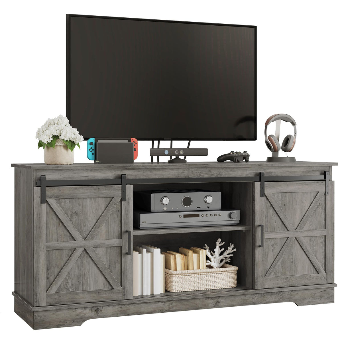 YITAHOME Farmhouse TV Stand for 65/60/55 Inch, Modern Entertainment Center with Sliding Barn Door, Wood TV Media Console Storage TV Cabinet for Living Room for 300lbs, Rustic Grey YITAHOME