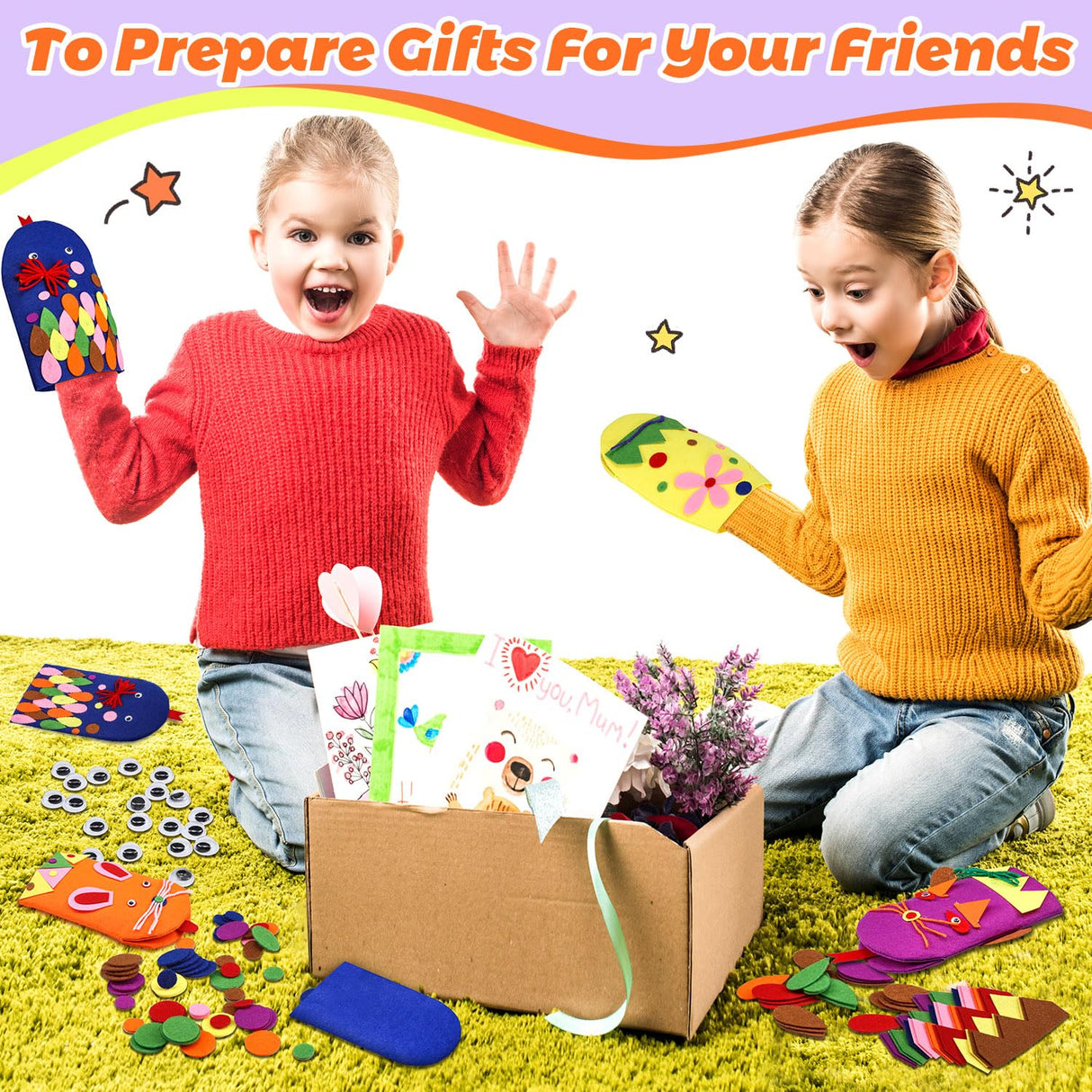 Liliful 32 Pcs Hand Puppet Making Kit Felt Arts and Crafts Sock Puppet Toys Creative DIY Make Your Personal Puppets Kits Eyes Felt Accessories Storytelling Role Play Party Supplies Liliful