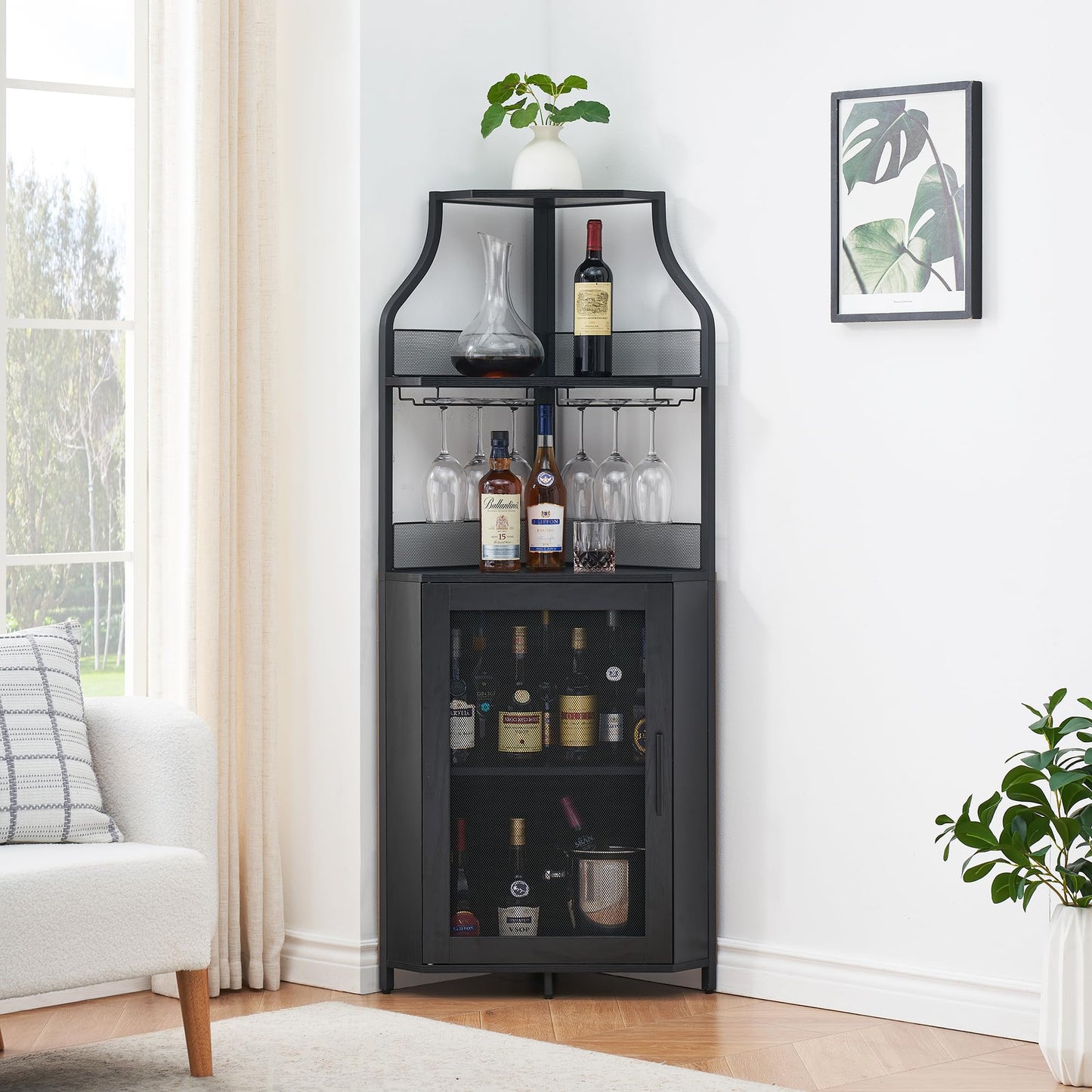 IDEALHOUSE Corner Bar Cabinet, Wine Bar Cabinet with Large Storage Space and Detachable Wine Rack, Wine Cabinets with Glass Holder and Mesh Door for Dining Room, Living Room, Kitchen (Black) - WoodArtSupply