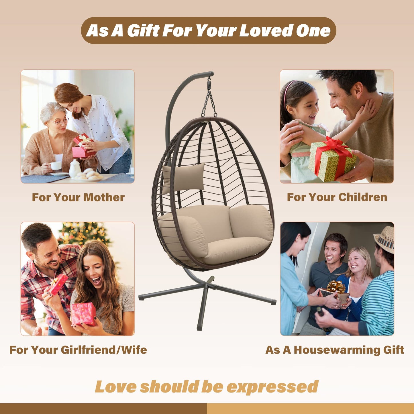 ALAULM Egg Swing Chair Outdoor Indoor Wicker Rattan Hanging Chair with Stand 350lbs Capacity w/Strong Frame & UV Resistant Cushions for Patio Balcony Bedroom (Brown)