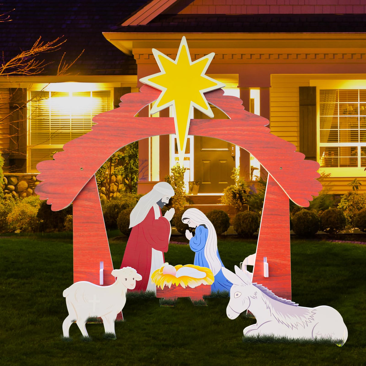 Outdoor Nativity Set for Outdoor Christmas Decorations, 45in Weather Resistant PVC Nativity Set, Large Holy Family with The Sheep and Donkey for Front Yard and Lawn Christolab