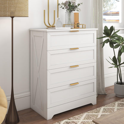 FTZxHKLX White 4 Drawer Dresser for Bedroom, Tall Bedroom Dresser with Large Drawer & Golden Handles, Wooden Storage Organizer Cabinet Chest of Drawer for Closet, Living Room, Hallway, Childr - WoodArtSupply