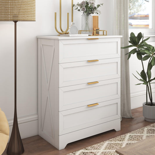 FTZxHKLX White 4 Drawer Dresser for Bedroom, Tall Bedroom Dresser with Large Drawer & Golden Handles, Wooden Storage Organizer Cabinet Chest of Drawer for Closet, Living Room, Hallway, Children's Room