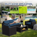 7 Piece Patio Furniture Set, Wicker Outdoor Sectional Sofa with Washable Cushion Covers and Tempered Glass Table, Rattan Conversation Set for Poolside (Black Rattan + Prussian Blue, 7 pcs) SHGJ&SOFT