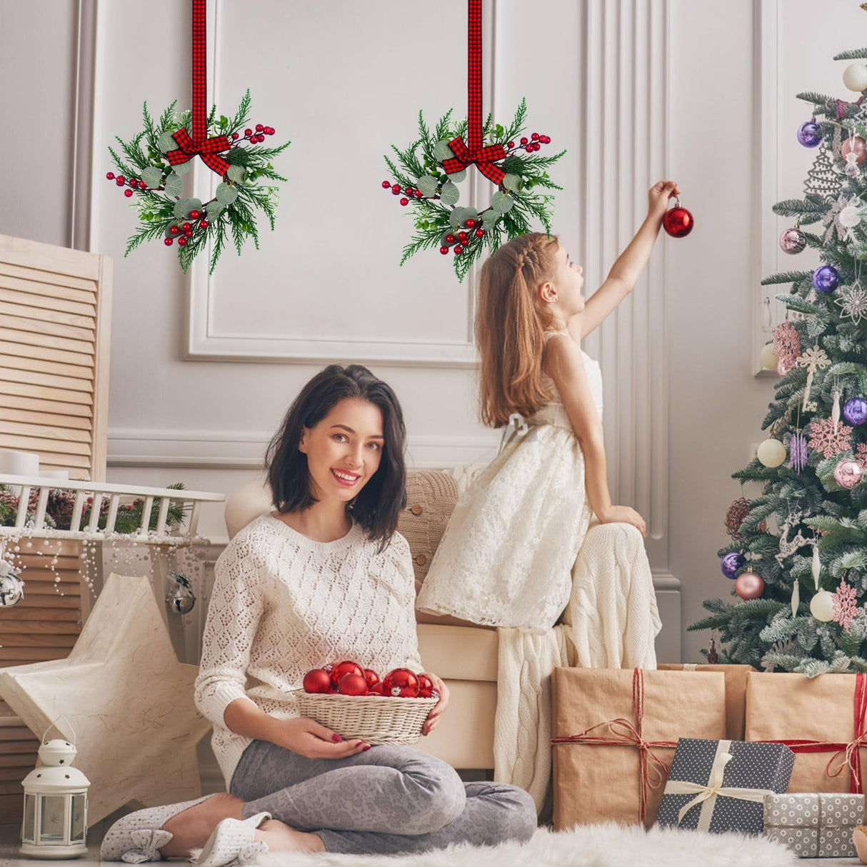 2Pcs Christmas Wreath, 10 Inch Mini Wreaths for Kitchen Cabinets, Christmas Door Wreath, Small Christmas Wreath for Fireplace Window Farmhouse Indoor Home Decorations JUSTOTRY