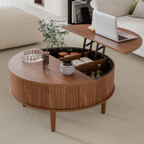 Round Fluted Lift Top Coffee Table with Storage, Mid Century Modern Coffee Table for Living Room, Home Small Space,31.5" Fluted Center Table (Walnut, 31.5inch) Boweniog