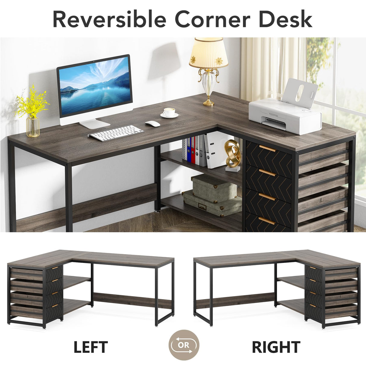 Tribesigns L Shaped Computer Desk with Storage Drawers, 59 inch Corner Desk with Shelves, Reversible L-Shaped Office Desk Writing Table Workstation for Home Office, Grey Tribesigns