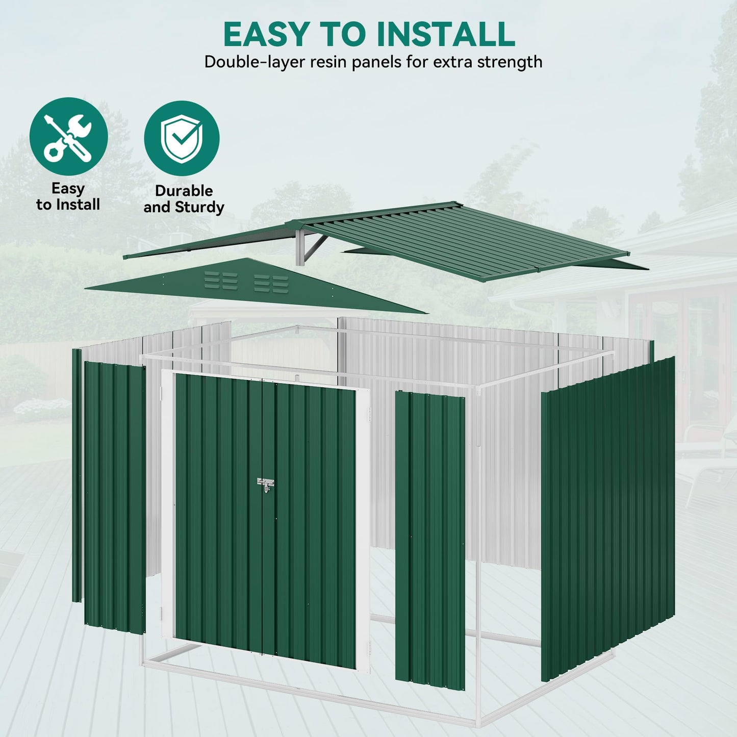 DWVO 6x8ft Large Outdoor Storage Shed, Heavy Duty Metal Tool Sheds with Lockable Door & Air Vent for Backyard Patio Lawn to Store Bikes, Tools, Lawnmowers, Green