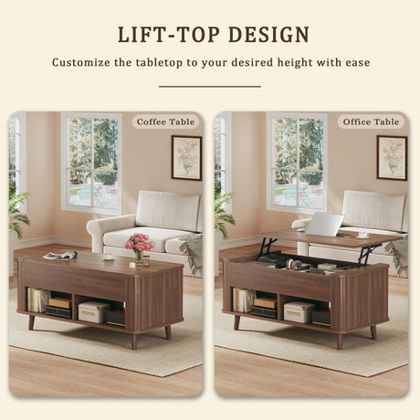 Lift Top Coffee Table with Storage, 41" Mid Century Modern Coffee Table with Fluted & Curved Profile Design, Hidden Storage Compartment, Lower Shelf Center Table for Living Room Office, Walnut HUAHUU