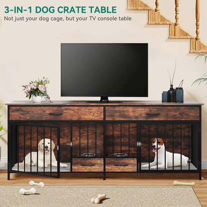 YITAHOME Double Dog Crate Furniture with Feeder, 74.8" Indoor Dog Kennel for Large Breed with Storage, Wooden Dog Crate TV Stand Table for 2 Small Medium Dogs, Rustic Brown - WoodArtSupply