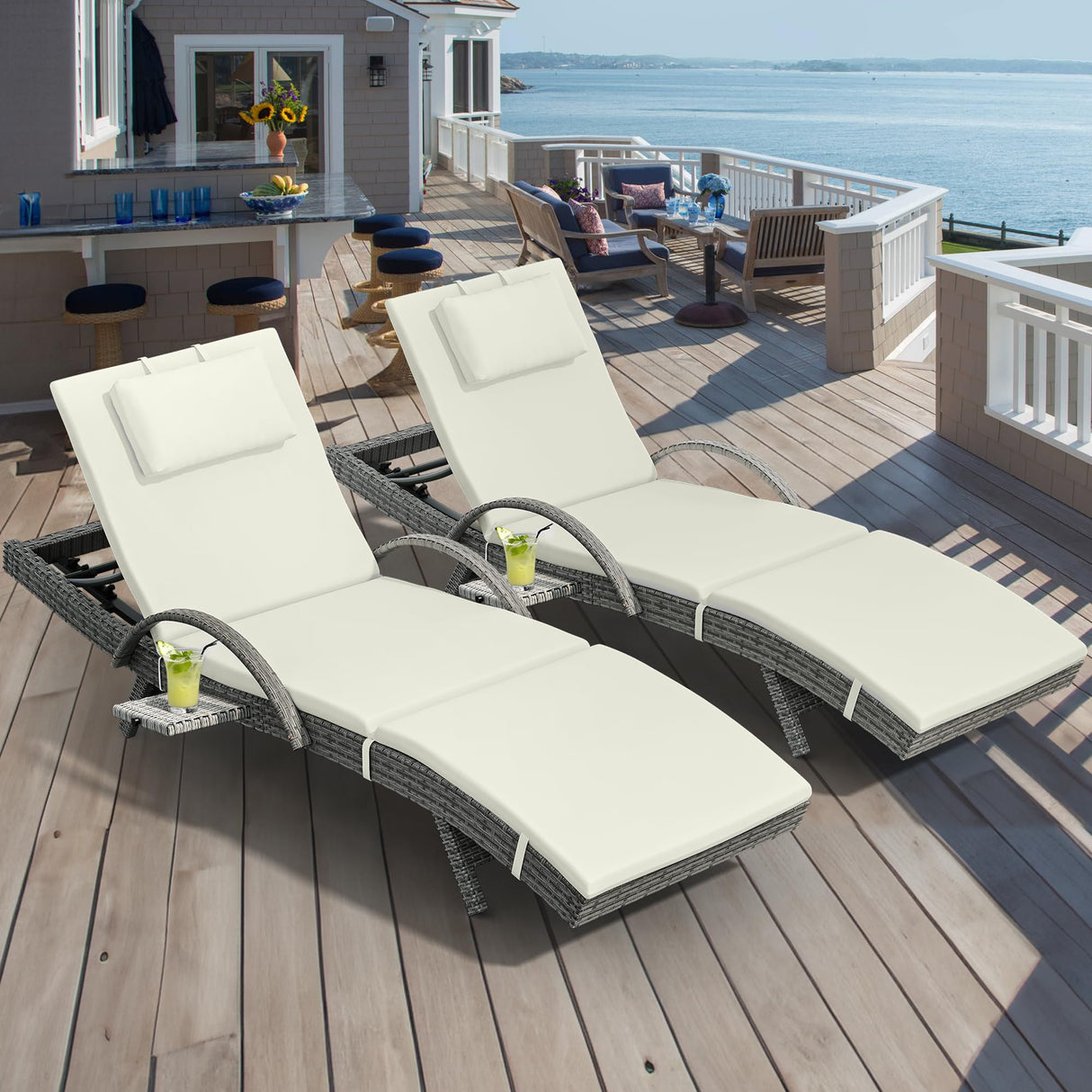 YITAHOME Patio Chaise Lounge Chair Set of 4, Wicker Chaise Lounge Outdoor Rattan Reclining Chair with Armrests/Pull-out Cup Holder/5-Position Backrest/Cushion & Headrest-Beige YITAHOME
