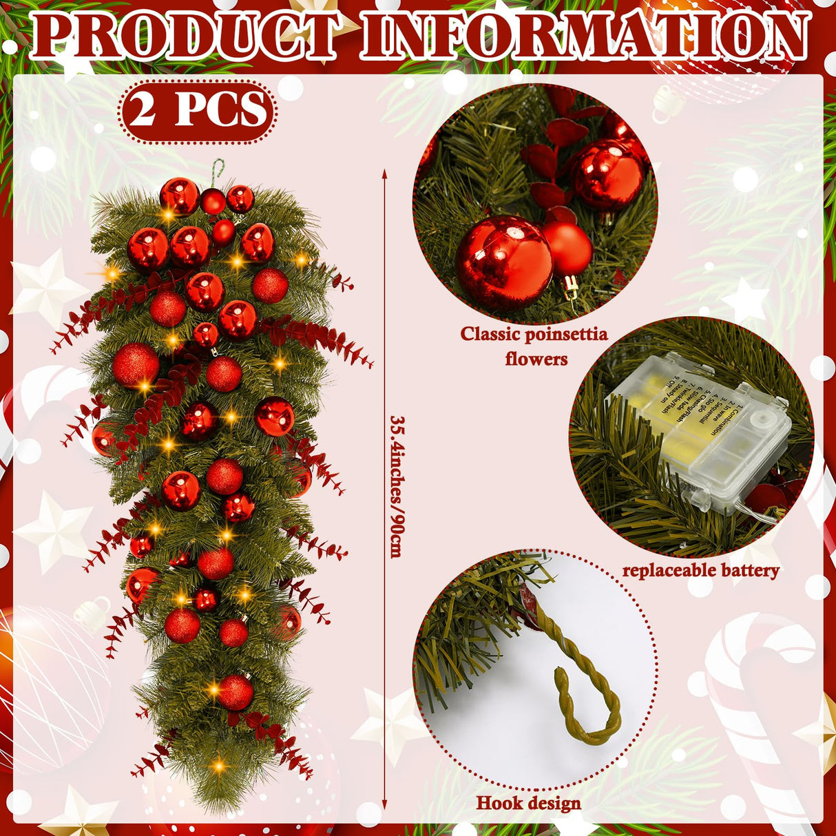 Lineshading 2 Pcs 36'' Pre Lit Artificial Christmas Teardrop Swag Christmas Teardrop LED Prelit Light up Christmas Wreaths Swag Christmas Garland Swag with Red Berries Indoor Outdoor Hanging Decor Lineshading