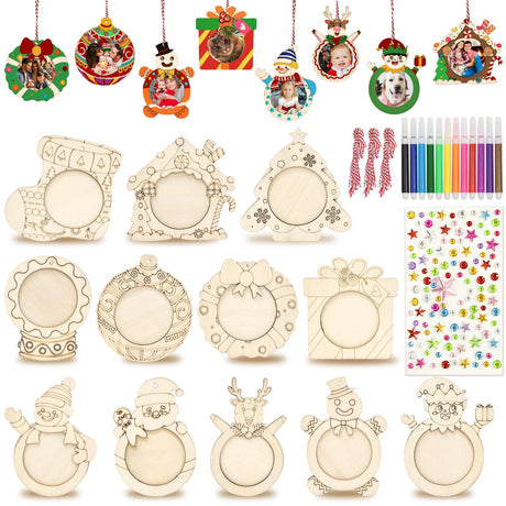 AerWo 24 Pcs Unfinished Wood Christmas Picture Frame, 12 Styles DIY Christmas Photo Frame Tree Wooden Ornaments to Paint with Colored Marker Sticker & Ropes, Funny Christmas Craft Kits for Kids Adults AerWo