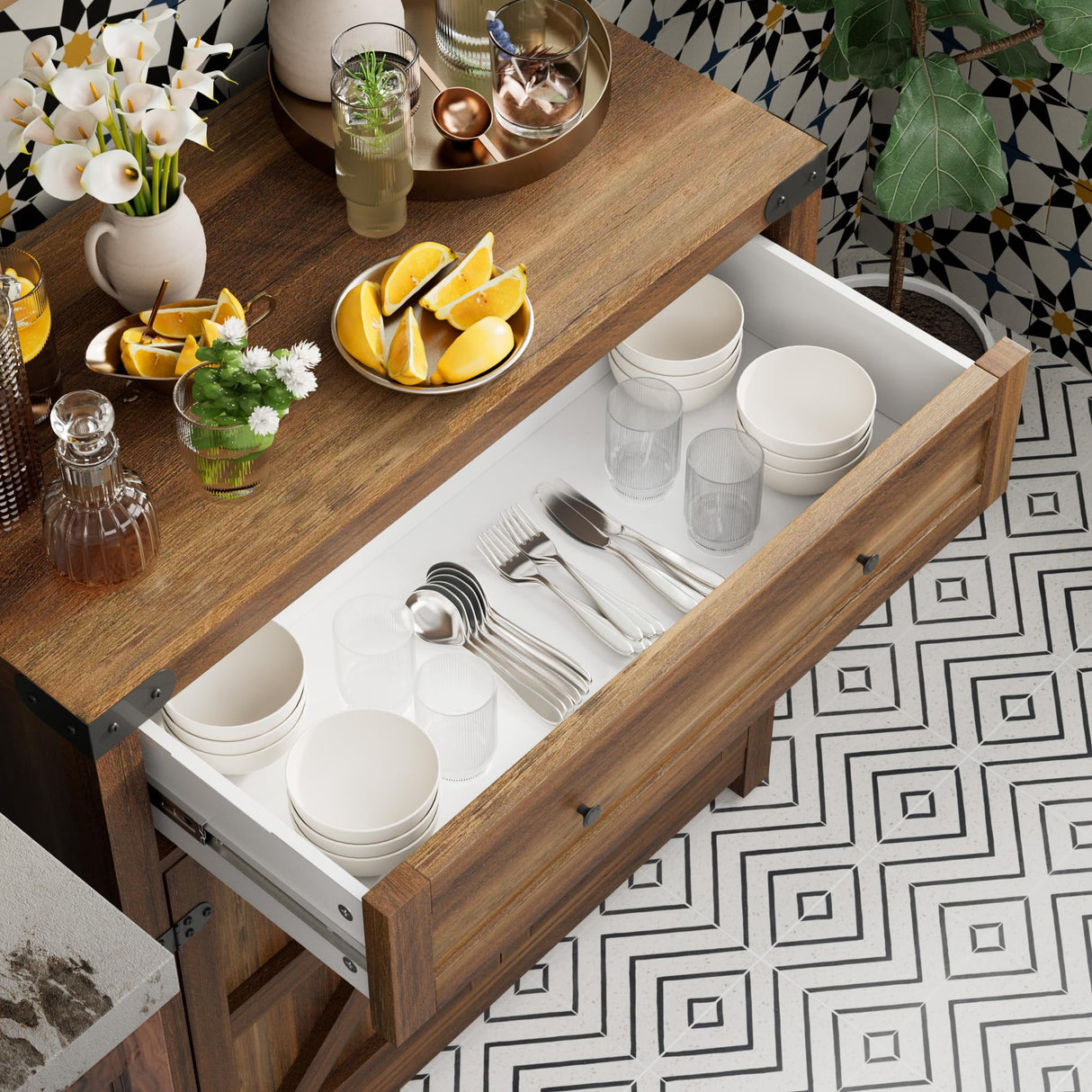 JUMMICO Coffee Bar Cabinet Farmhouse Kitchen Sideboard Buffet Cabinet with Drawer and Adjustable Shelf Barn Door Storage Cabinet for Kitchen, Dining Room, Bathroom, Entryway (Brown) JUMMICO