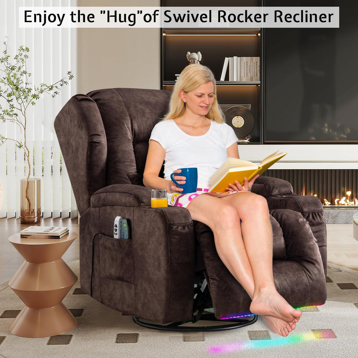 BINGTOO Power Swivel Rocker Recliner Chair with Massage & Heat, Electric Wall Hugger Reclining Sofa for Adults with LED Light/Cup Holders/USB Ports, Velvet Brown BINGTOO
