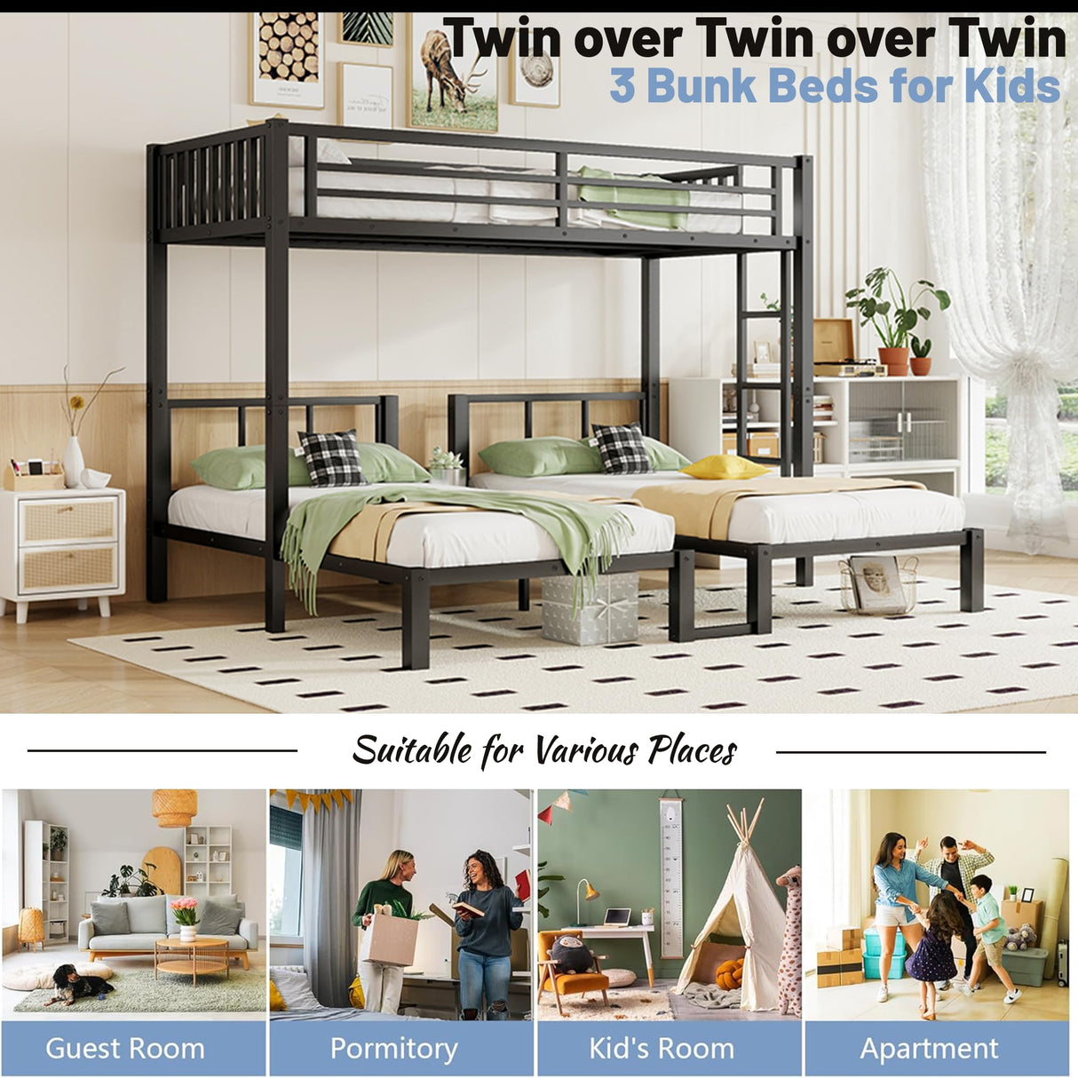 Mirightone Heavy-Duty Triple Bunk Beds for Kids, Metal Triple Twin Bunk Bed, 3 Bed Bunk Beds for Teens Girls Boys,Can be Separated into 3 Twin Beds, Black Mirightone