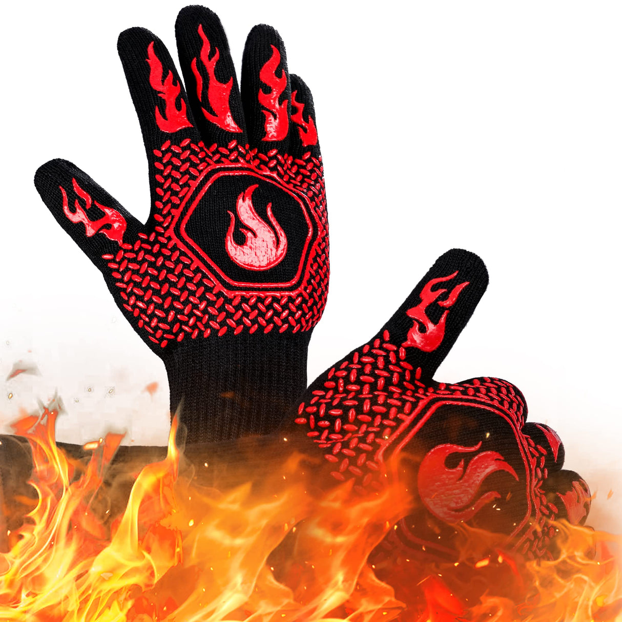 BBQ Fireproof Gloves, Grill Cut-Resistant Gloves 1472°F Heat Resistant Gloves, Non-Slip Silicone Oven Gloves, Kitchen Safe Cooking Gloves for Oven Mitts,Barbecue,Cooking, Frying,13.5 Inch-Red DKHDBD