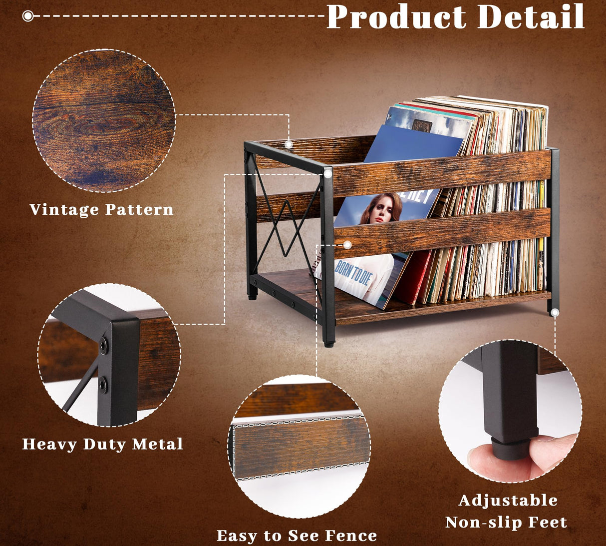 Y&M Vinyl Record Storage Crate, Wooden Storage Box, Classic Cube CD Albums Shelf Holder Organizer, Holds Up to 100+ Records, Magazine Rack for Desktop, Home, Office, Brown Y&M