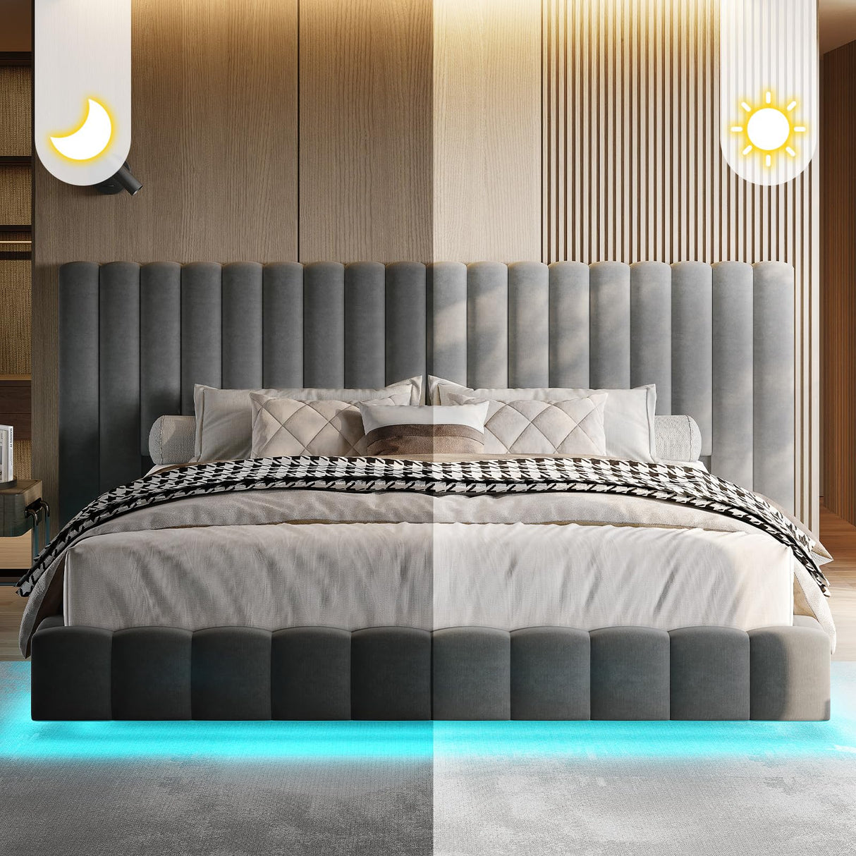 Jocisland King Bed Frame with LED Lights and Upholstered Oversized Headboard, Modern Velvet Platform with Floating Design, No Box Spring Needed, Grey Jocisland
