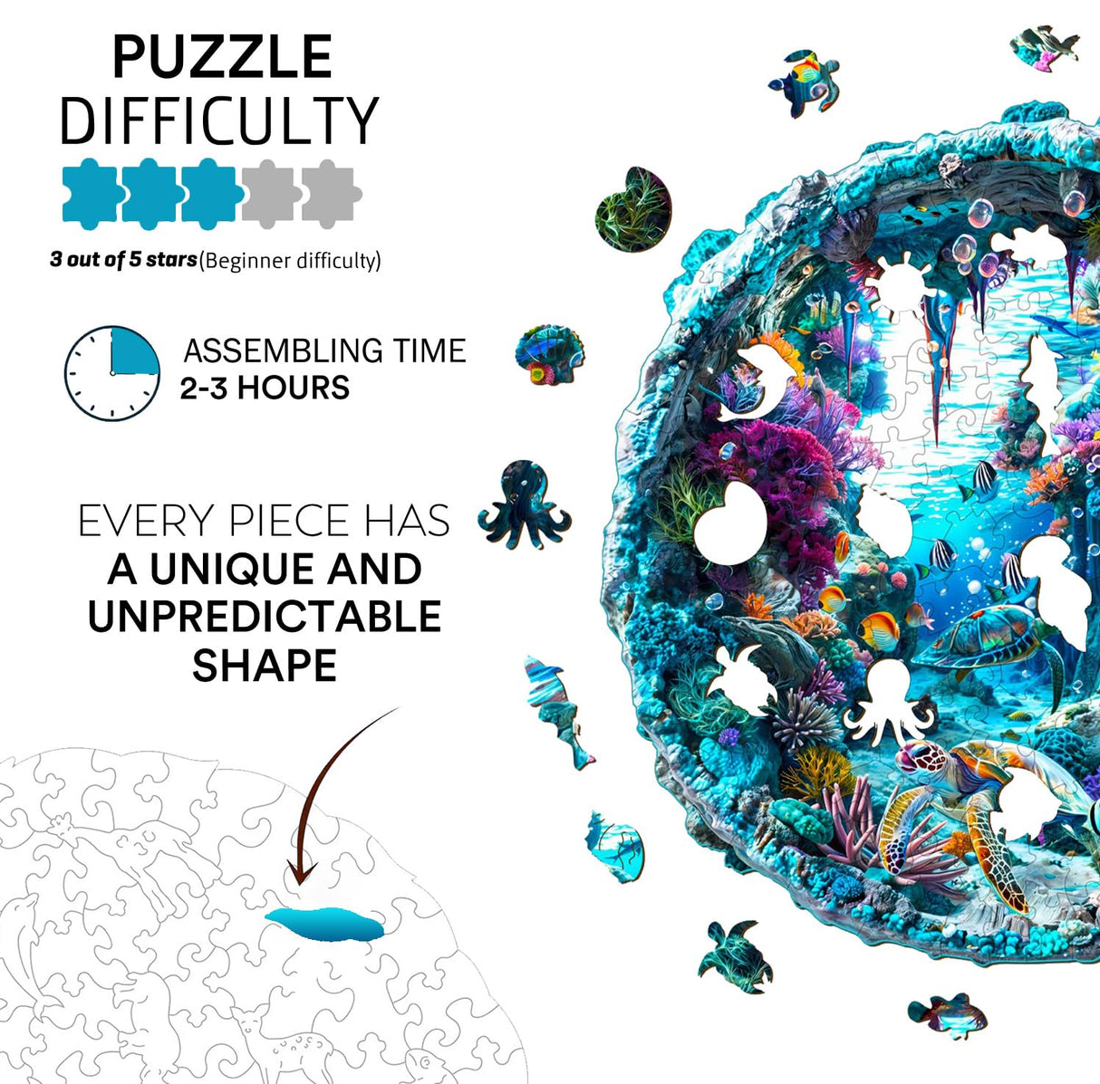 Jigfoxy Wooden Puzzle for Adults, 3D Visual Ocean Wooden Jigsaw Puzzles for Adult, Unique Animal Shape Wood Cut Puzzles, Christmas Thanksgiving Gifts for Friends Family (S-8.5 * 8.5in-100pcs) Jigfoxy