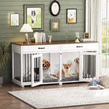 DAWNSPACES Furniture Style Dog Crate, 64.6 Inch Wooden Large Dog Kennel with Drawers & Divider, Indoor Dog House Furniture with Double Rooms for Medium Small Dogs, White DAWNSPACES