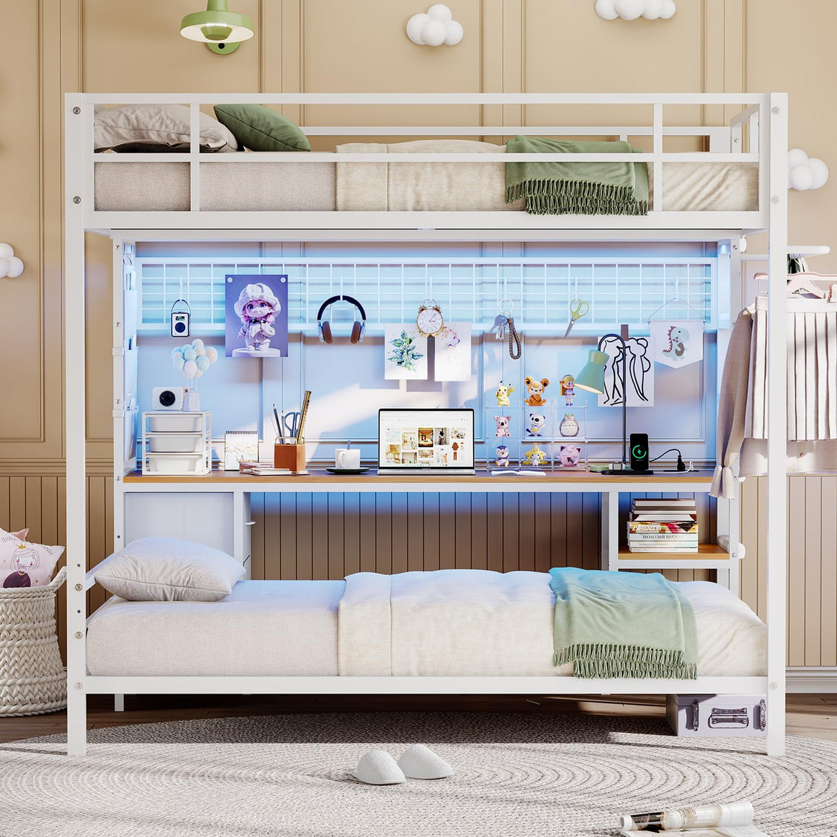 DICTAC Full Over Twin Size Bunk Bed with Desk and Led Lights Metal Loft Bed Frame with Charging Station,Storage Shelves and Drawers for Teen & Adults,Safety Guard & Ladder,No Box Spring Needed,White DICTAC