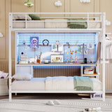 DICTAC Full Over Twin Size Bunk Bed with Desk and Led Lights Metal Loft Bed Frame with Charging Station,Storage Shelves and Drawers for Teen & Adults,Safety Guard & Ladder,No Box Spring Needed,White DICTAC
