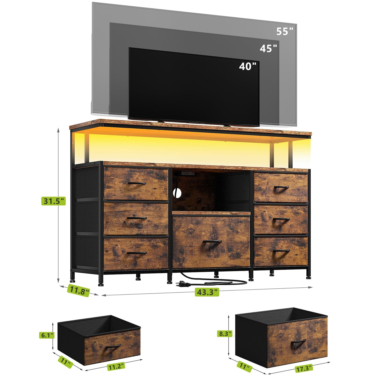 EnHomee Dresser TV Stand for Bedroom with LED Lights & power outlets for 55" TV Stand Dresser for Bedroom Entertainment Center with 7 Fabric Drawers and Wood Shelves for Living Room, Rustic B - WoodArtSupply