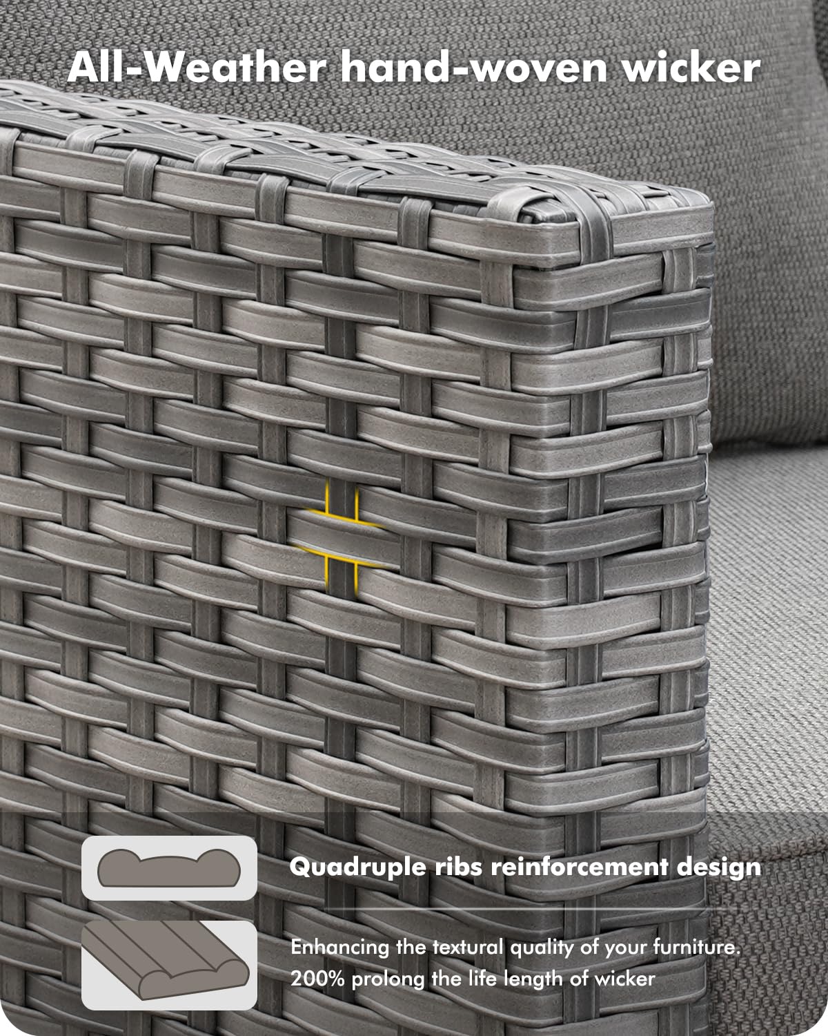 CAODOC 6-Piece Outdoor Wicker Patio Set with 7 Seats, Including 43" Fire Pit - Sectional Sofa and Conversation Set for Backyard or Lawn, Gray Rattan with Waterproof Dark Gray Cushions CAODOC