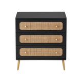 LONYKE Wicker Rattan Chest of Drawers, 3-Drawer Dresser, Black Finish Wooden Storage Cabinet, Modern Farmhouse Accent Table, Boho Mid-Century Coastal Sideboard LONYKE