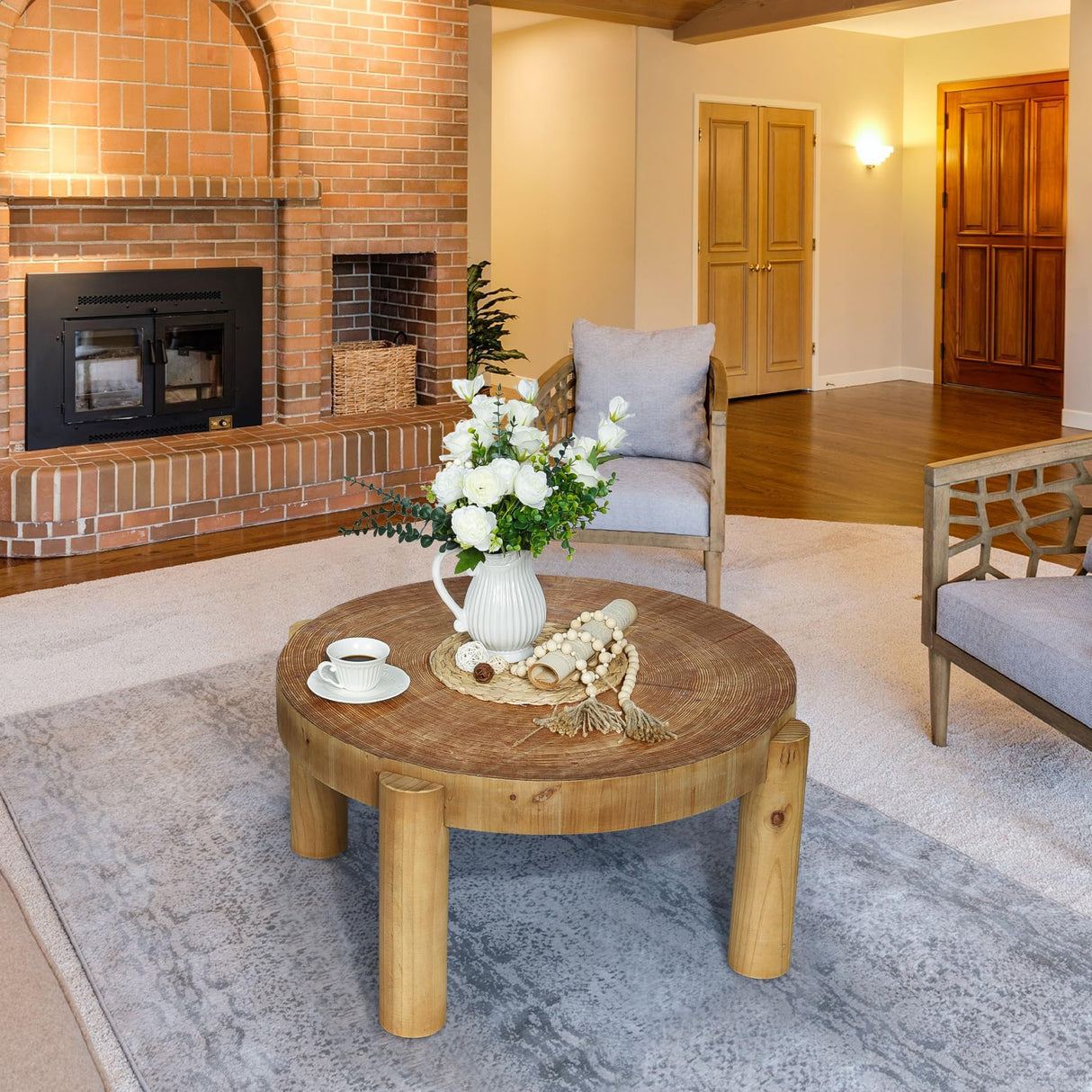 HOKYHOKY Round Wood Coffee Table - 29.53" Wooden Coffee Tables Living Room with Solid Wood Legs and Natural Wood Veneer, Farmhouse Boho Circle Coffee Tables, Natural Wood Color, 29.53" D X 16.54" H HOKYHOKY