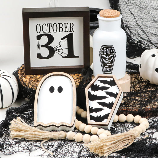 Maxsoins Halloween Decorations Indoor- Apothecary Potion Bottles,Bat Coffin, Ghost,and Halloween Wood Signs & Bead Garland-Farmhouse Decoration for Tiered Tray Table Home Party Decor