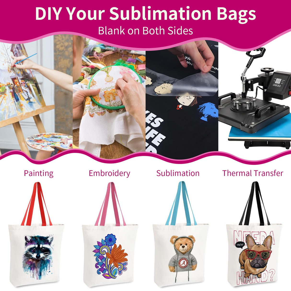 OLSUNOR 10 Pack Canvas Tote Bag with Zipper, Reusable Grocery Bags with Long Handle, DIY Heat Transfer Sublimation Blanks Shopping Bags for Advertising, Birthday, Halloween, Christmas Craft Bags OLSUNOR